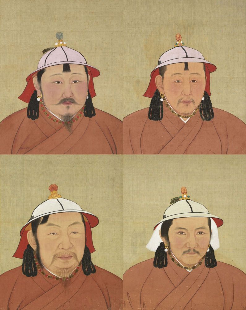 Portraits de quatre empereurs mongols de la lignée qubilaïde. De gauche à droite, de haut en bas : Temür Öljaitü (1294-1307), Qaishan (1307-1311), Ayurbarwada (1311-1320), Tugh Temür (1329-1332).