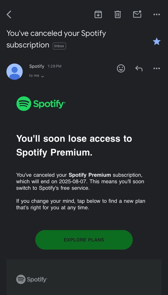 A screenshot of a cancelled Spotify subscription. Boo, Spotify. 