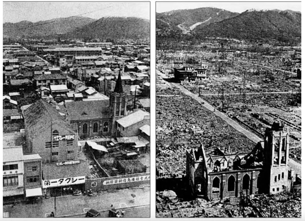 B&W split-screen photos of Hiroshima. At left, rows of buildings with cathedral stretching to distant hills. At right, same scene but the only thing standing in the rubble is the ruined cathedral