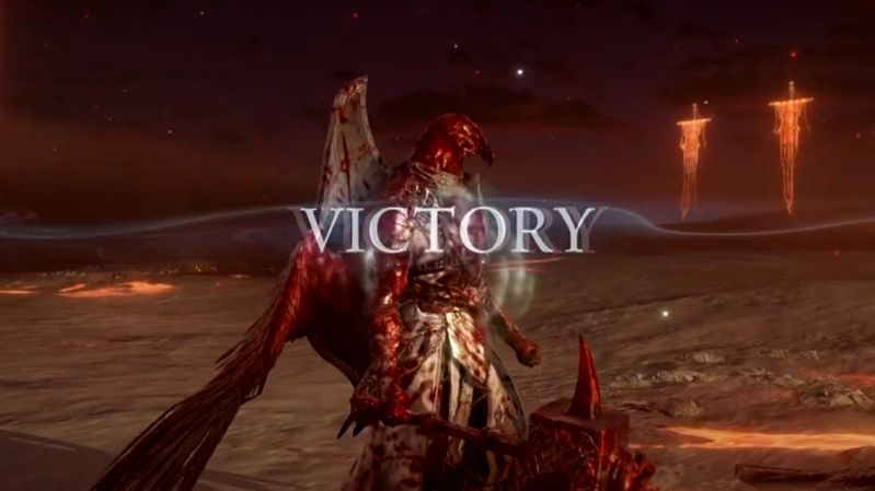 An image of Guardian from the Nightreign Network Test after defeating the final boss. "Victory" is displayed, and the character is absolutely COVERED in blood. It goes hard.