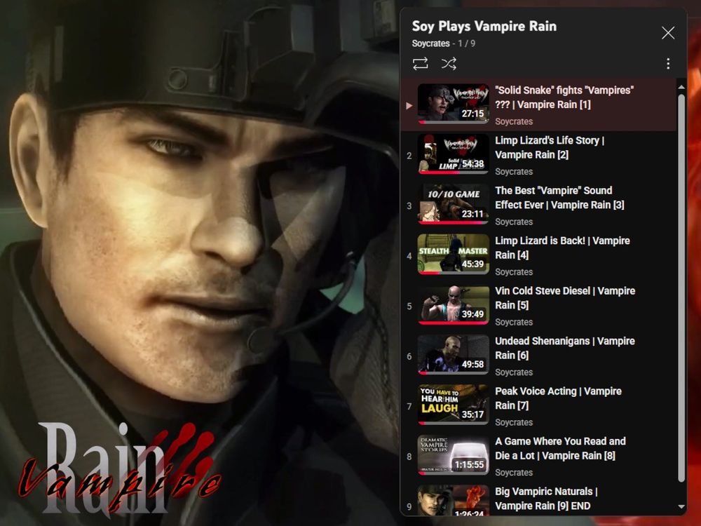 The main character of Vampire Rain, Limp Lizard, beside a playlist of Soycrates Plays Vampire Rain.