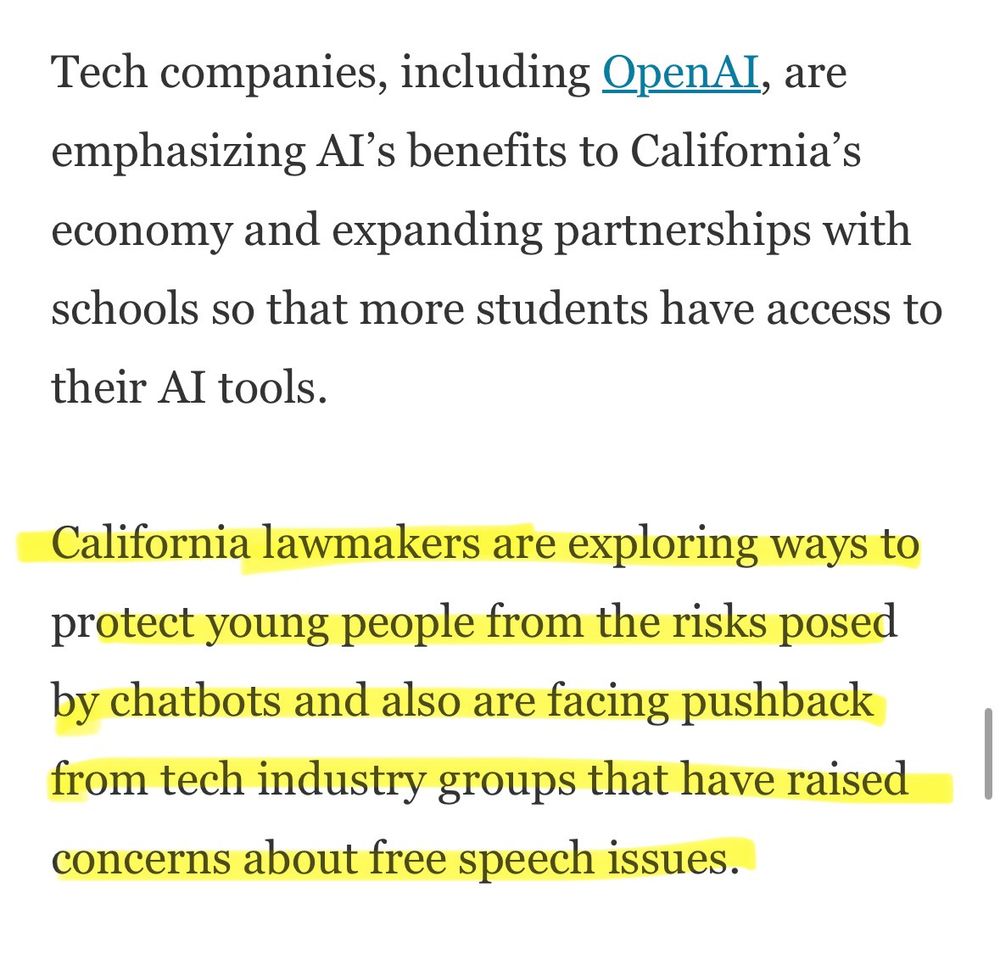 Tech companies, including OpenAI, are emphasizing Al's benefits to California's economy and expanding partnerships with schools so that more students have access to their AI tools. California lawmakers are exploring ways to protect young people from the risks posed by chatbots and also are facing pushback from tech industry groups that have raised concerns about free speech issues.