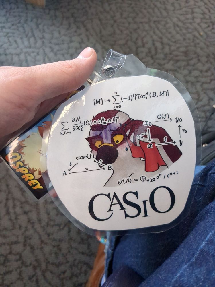 Casio badge! (They are being haunted by the thought of various expressions from commutative algebra and differential geometry.)