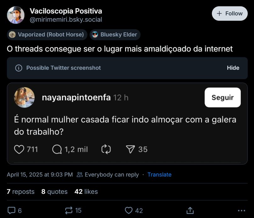 o theredfes consegue ser o lugar mais almadiçõado da internet:

possible twitter secreenshotr

"é nomral mulher casada ficar indo almoçar com a galera do trabalho?'