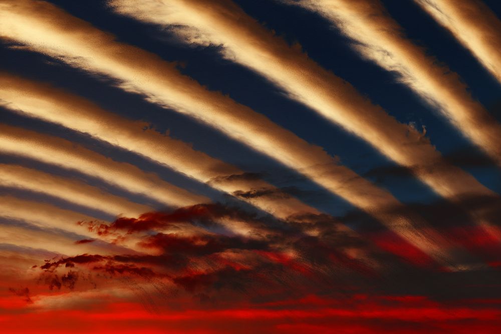 Clouds stretch across the sky in bands that resemble a rib cage. The sunset beneath saturates the sky in blood red. The world is doing you no favors, you  know. 