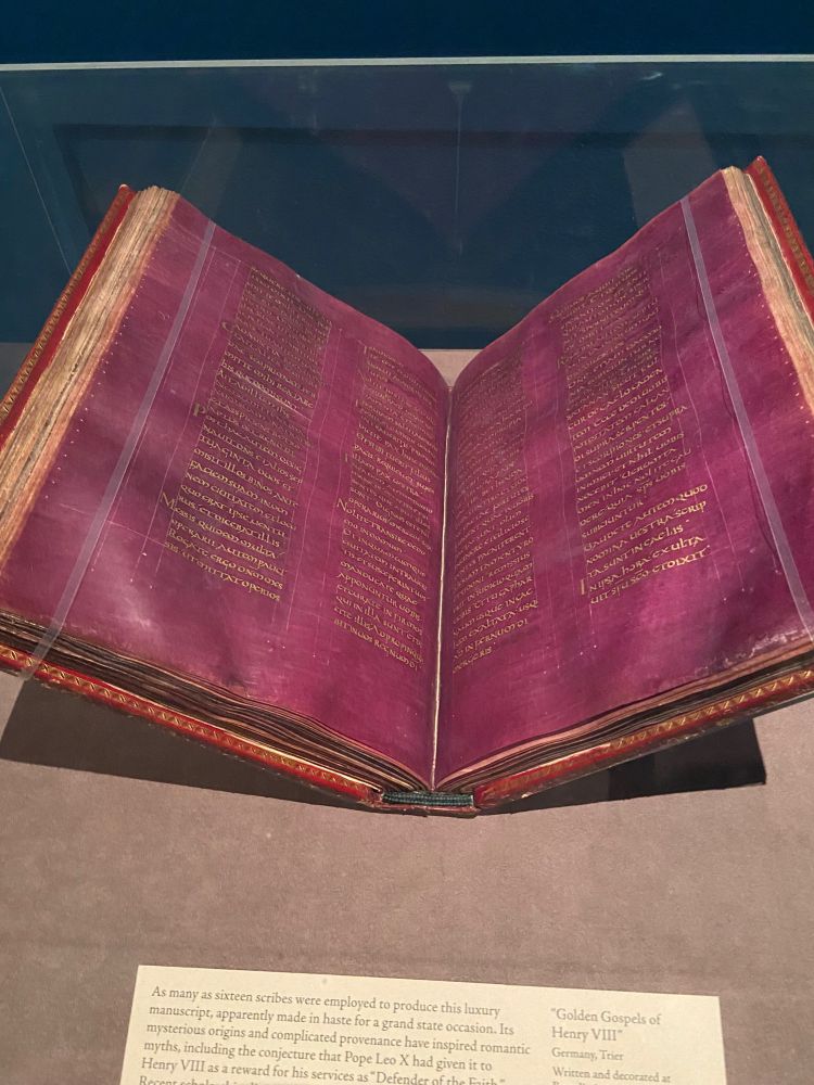 A bible stained with plant fiber to look purple with gold writing, the Morgan