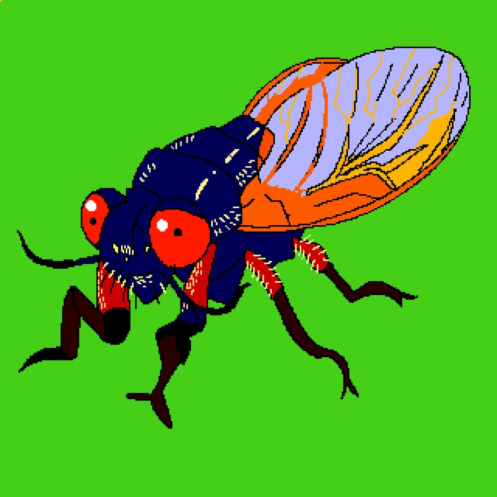 Pixel art of a cicada waving it’s antennae and blinking