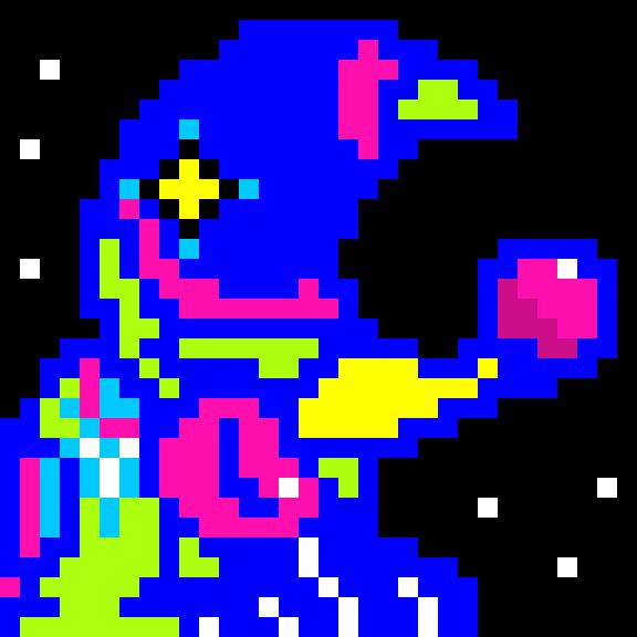 Animated pixel artwork of a crescent head shaped dog with a ball clown nose, tossing it and catching it with it's head on a night sky background.