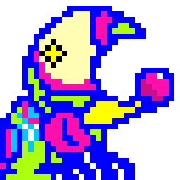 Animated pixel artwork of a crescent head shaped dog with a ball clown nose, tossing it and catching it with it's head on a light day background
