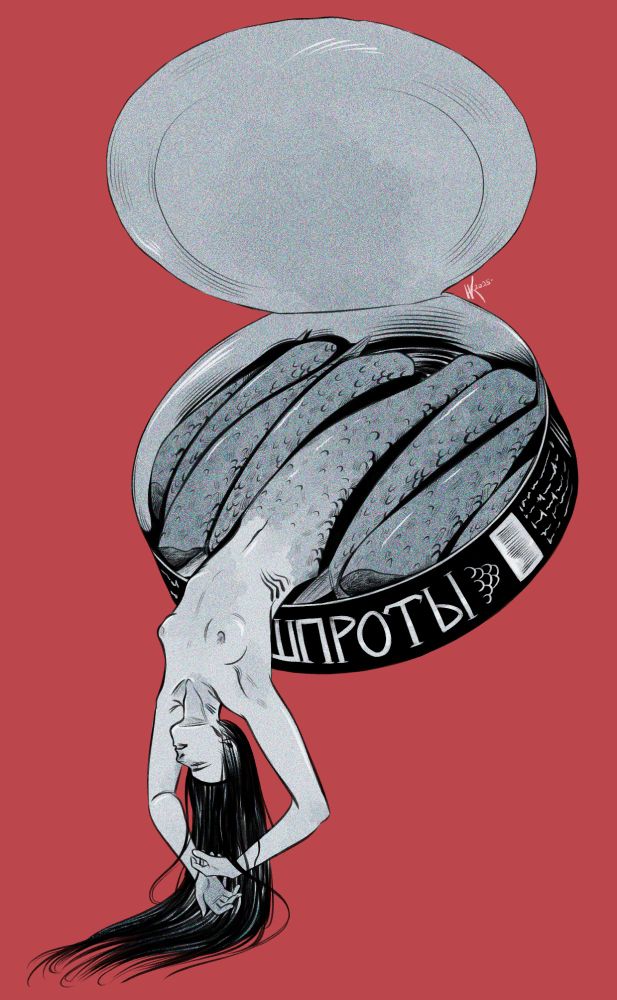 черно-белая иллюстрация на красном фоне. русалка с длинными волосами висит вниз головой, вываливаясь из открытой банки со шпротами. ее хвост лежит рядом с остальными шпротами, обрублен на конце. 

black-and-white illustration on a red background. a mermaid with long hair hangs upside down, falling out of an open can of fish. her tail lies next to the other fish, chopped off at the end.  
