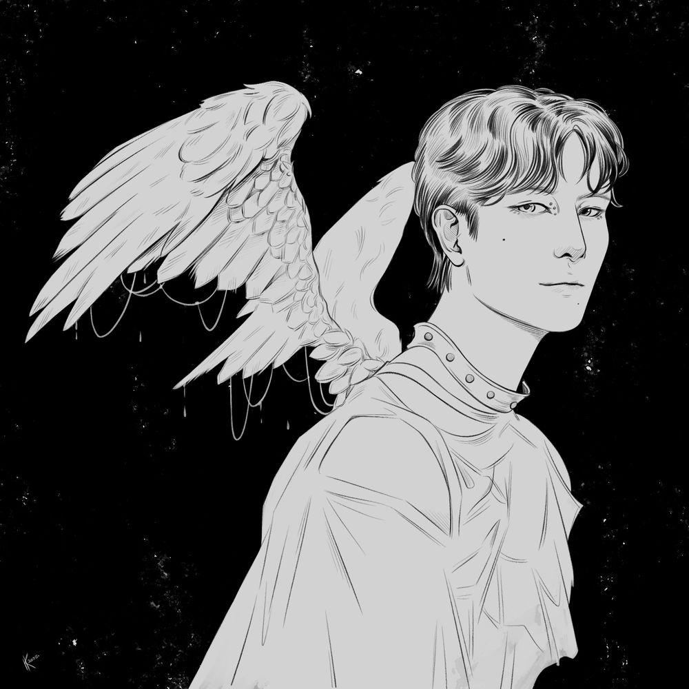 black-and-white illustration of haru from XLOV with wings sprouting out of his back. the figure is very light grey with a black background. it's a bust with him looking at the viewer, turned 3/4 to the side, wearing the outfit from the angel concept photos. 