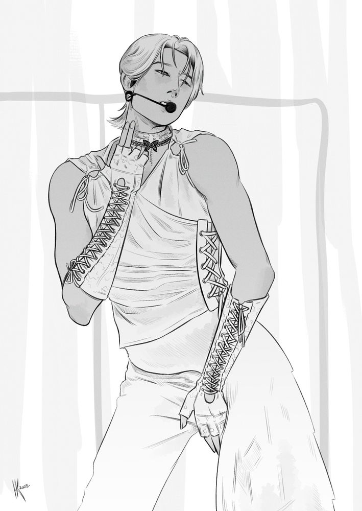 greyscale study of Rui from XLOV performing Hush by Miss A with detailed lineart. he is posing with one hand under his jaw, the other down at the top of his leg. he is wearing a white outfit with long, laced-up gloves, a sleeveless top, white pants, and a side skirt. 