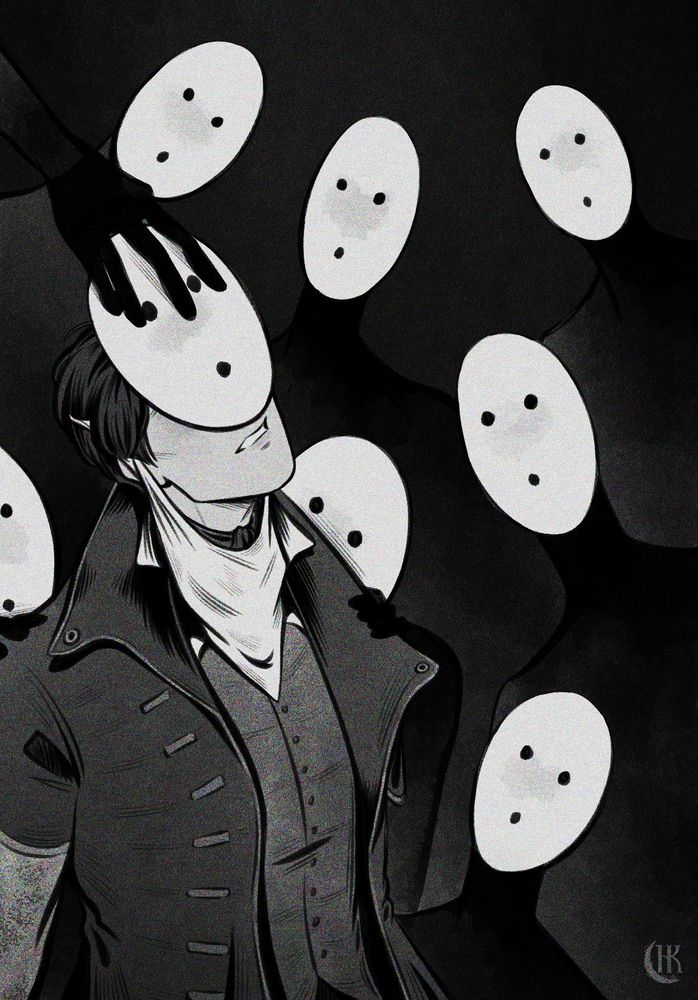 greyscale illustration of daniil dankovsky surrounded by tragedians. one of the tragedians is putting their mask on daniil's face. 
