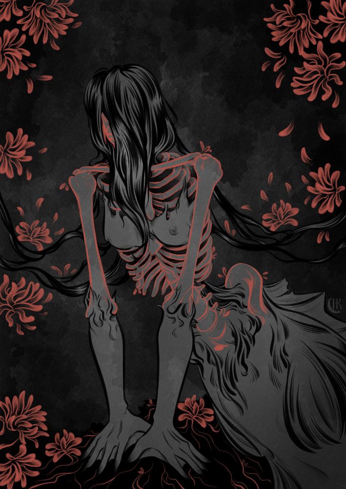 greyscale image with red-pink accents. a figure of a mermaid, partially flesh, partially skeleton (arms, ribcage, pelvis bone, some spine). the bones are outlined in pink. the figure is grey, and is surrounded by pink flowers. 