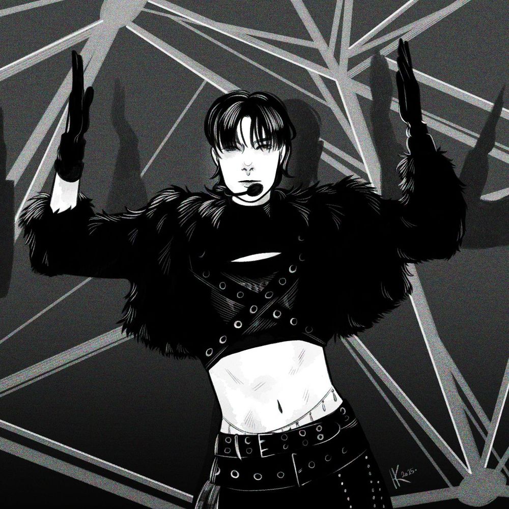 Greyscale fan-art of Wumuti from XLOV covering Whiplash by Aespa; he is in the middle of dancing with his arms up, wearing a black cropped fur coat, a crop top, several belts, and a skirt piece. There are shadows of other members dancing behind him, and white lines crossing a dark space in the background. 
