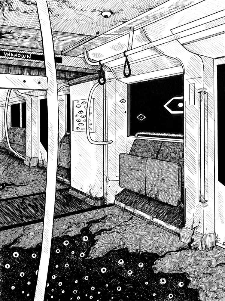 black-and-white cross-hatched illustration of the interior of a metro train. there are cracks all over the ceiling, floor, and some on the walls. there is a pit in the floor full of eyeballs looking up. 