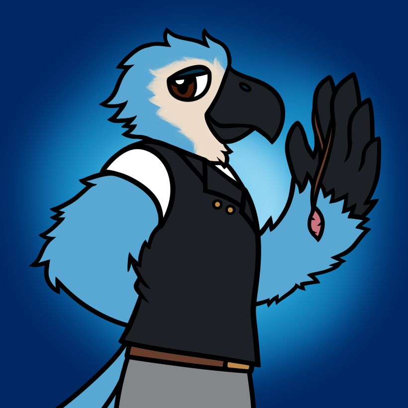 side profile of a blue parrot like character named Baltin Ozgur holding their necklace in their wing hand