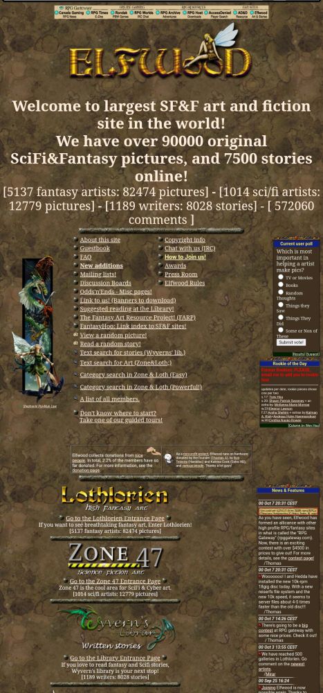 Screenshot of Elfwood an old fantasy art site now defunct. 