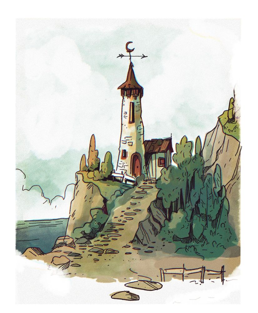 Another little witchy lighthouse on a rocky coast by the ocean. Illustrated in a sketchy style 