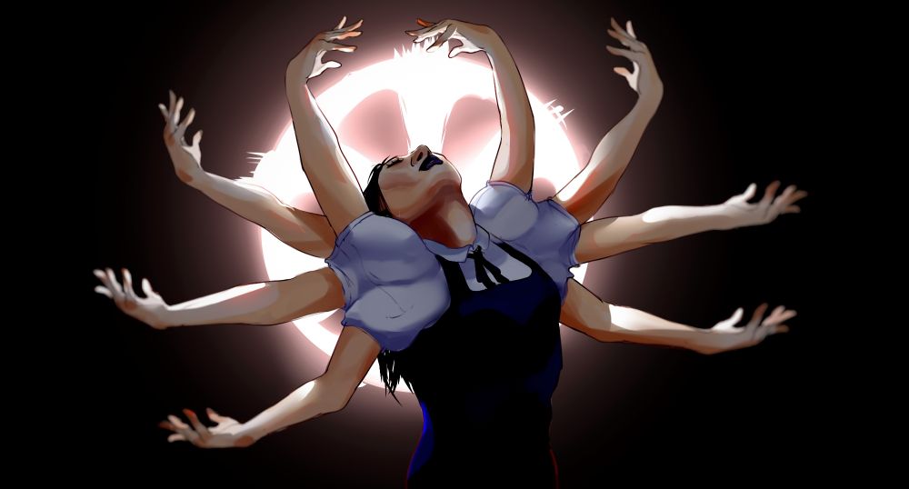 Personagem Samarie do videogame Fear and Hunger: Termina, referenciando sua transformação em uma pose; consistindo de 4 pares de braços em uma inclinação dramática à uma fonte de luz.