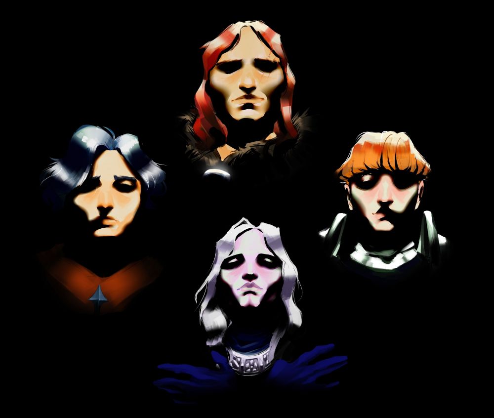 Personagens do jogo Fear and Hunger, Cahara à esquerda, Ragnvaldr em cima, D'arce à direita e Enki abaixo; referenciando uma cena do videoclipe da musica Bohemian Rhapsody, da banda Queen.