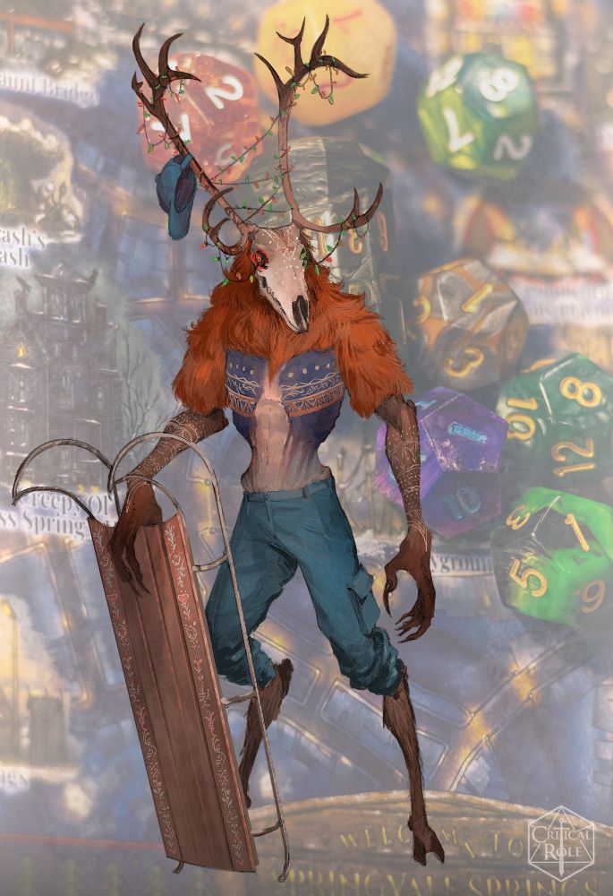 A reindeer skull with Christmas lights tangled into the antlers and strung through the eye holes. The thin body covered in red hair with blue and white geometric designs. Deer legs stick out from torn jeans. They hold a wooden sled like someone would hold a skateboard.