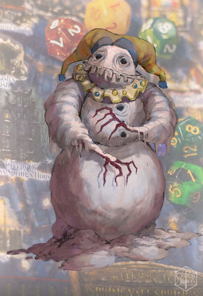 A snowman with sad looking coal eyes and metal “teeth” from large braces and corrective mouth gear. The snowman wears a clown looking hat and colorful collar with ornaments and colorful balls.