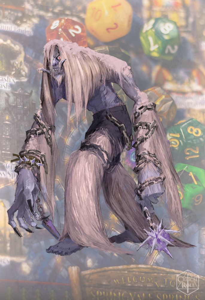 A hunched skulking lithe looking yeti with long white hair partially covering their face. Chains wrap around both arms. One has an icicle forming at the end and the other has an ice ball with spikes on the end dragging on the ground.