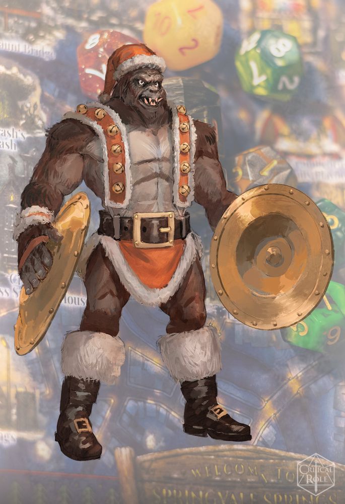 A very angry looking muscular gorilla bearing its teeth while wearing Santa red and white hat, loin cloth with suspenders and belt, and tall white fur trimmed boots. The gorilla is holding a pair of cymbals