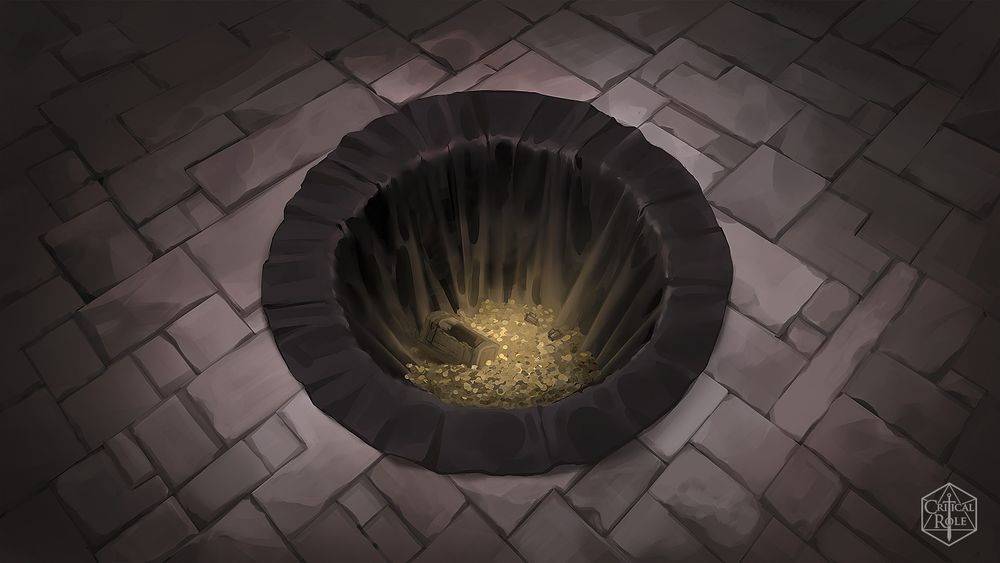 Portable Hole
A piece of black fabric. When laid flat the fabric drops lower as if the floor beneath opens up to allow more space for objects to be stored within the fabric. Gold and objects can be seen in the portable hole.