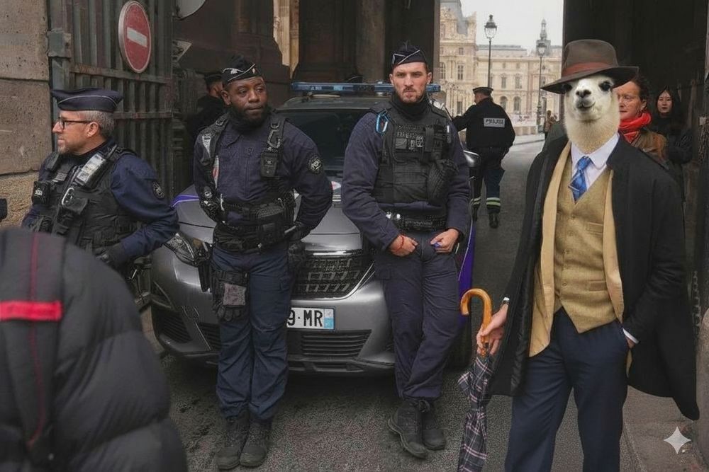 Llama wearing dark academia look while policemen look by. 