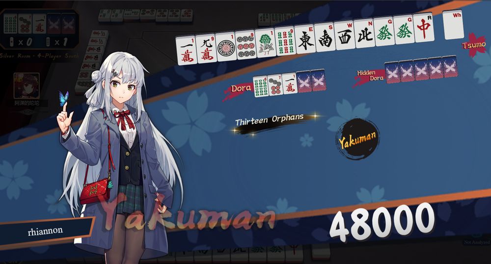 screenshot from an online mahjong game of me getting 13 orphans tsumo as the dealer, scoring 48000 and instantly ending the match