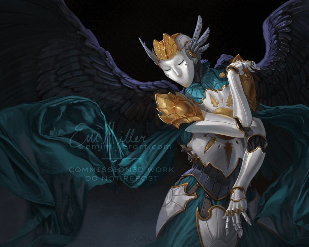 An illustration (landscape orientation, figure is waist-up) of the automaton Chaïm. She is posed elegantly like a ballerina, has white plating with gold details, and a smooth face with only a nose and slits for eyes. She has metallic raven-like wings, and long sashes of teal fabric float out from her.