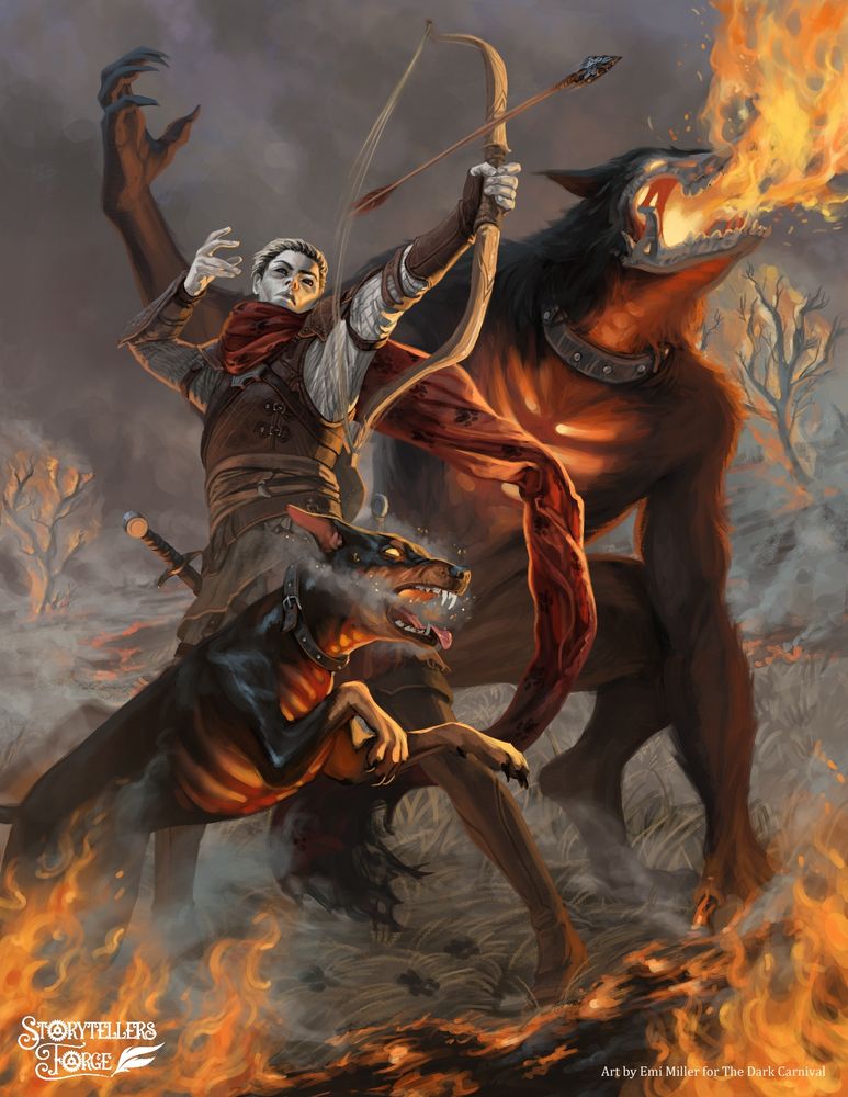 An illustration of a ranger flanked by a hellhound and a styganthrope. The ranger is androgynous with very pale skin and completely black eyes; they wear leathers and a long oversized red scarf; they are shooting an arrow off to the right. The hellhound looks like a doberman but is breathing smoke and embers, and its ribs are lit up from within. The styganthrope is werewolf-like, bipedal, with a skull-like face; it breathes a cone of fire into the sky. The fields around are all on fire.