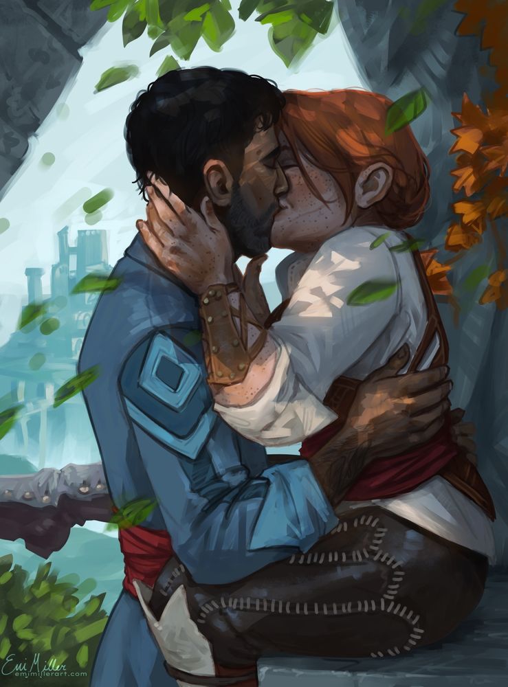 An illustration of Dawes (human man, dark short hair, light brown skin, blue practical clothing) kissing Scout Harding (dwarf woman, red hair tied back with braids, white shirt and leathers). Redcliffe Castle is seen in the background.