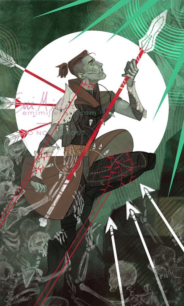 A stylised, tarot-style illustration of Marrow (snake-kin??, small tusks, green skin, brown hair with undercut). He wears mostly brown leathers, with armour pieces made of bones. Behind him is a big white circle. He aims a spear to the top right,and is held back by skeletons and red vines.