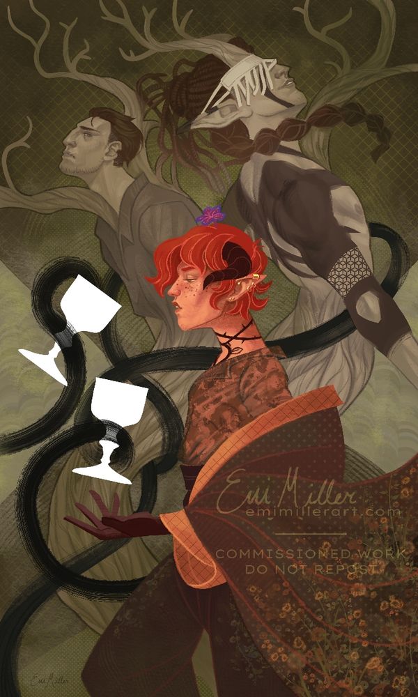 A stylised illustration depicting the Two of Cups tarot card. Therai (tiefling, long ears, red hair) holds his hand out to support two white cups entangled by black corruption. A tree is in the background in green monochrome. Two figures emerge from the tree - a large fey with antlers, black tattoos, and eyes covered with a cloth; a pale man with short dark hair and a scar on his lip.