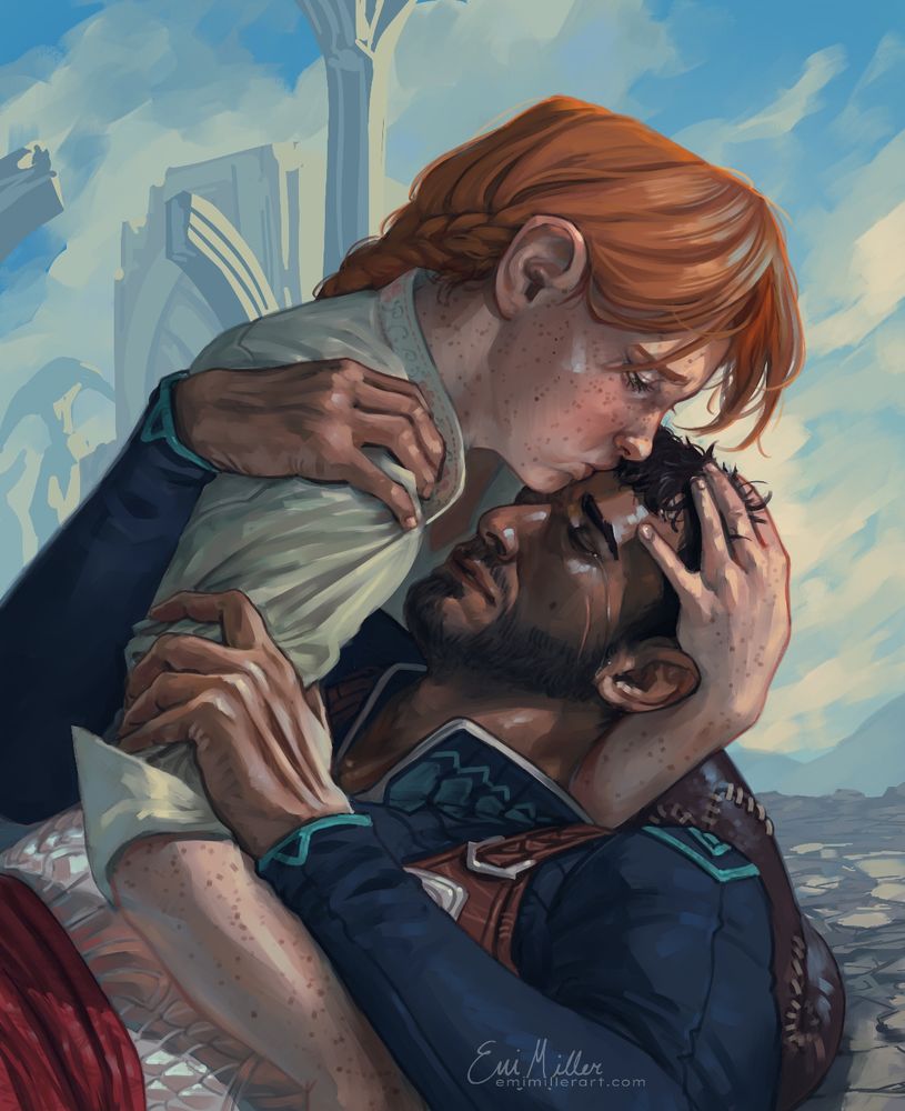 Illustration of Dawes "Rook" Mercar (human man, light brown skin, short dark brown hair, short beard) being held by Lace Harding (dwarf woman, pale freckled skin, red hair in braids). They cling to each other, and Harding is kissing Dawes' forehead.