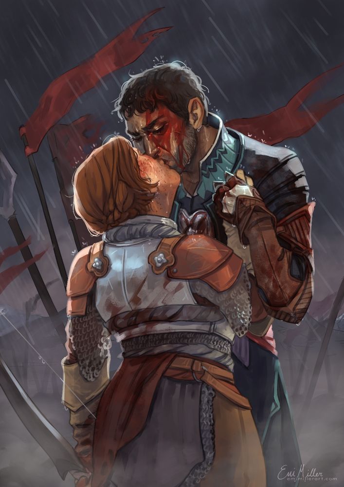 Illustration of Dawes (human man, light brown skin, short dark hair) kissing Lace Harding (dwarf woman, red hair, fair freckled skin) in the rain against the backdrop of a battlefield. He holds her hand to his chest and they are both battleworn and bloodied.