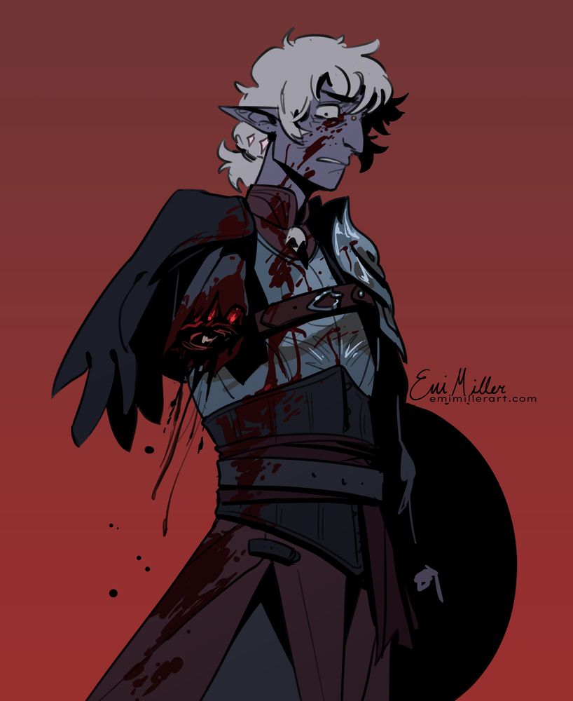 Inked and flat colour illustration of Kismet (drow, purple skin, white hair, wearing a breastplate and dark clothes) staring down at the stump of his arm which is bleeding freely. He looks terrified.