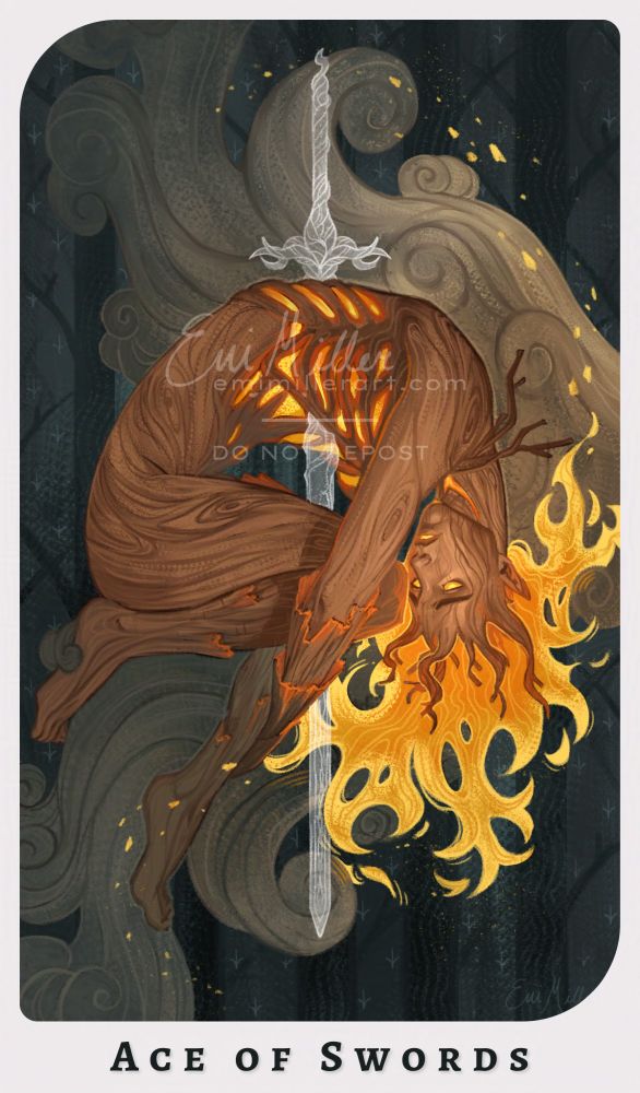 A tarot card illustration of the Ace of Swords. It is stylised and textured. Ruinetta (dryad, flaming hair and eyes), curls around herself, a stylised white greatsword piercing down through her back. She looks mournful and afraid. Smoke billows around her. 

