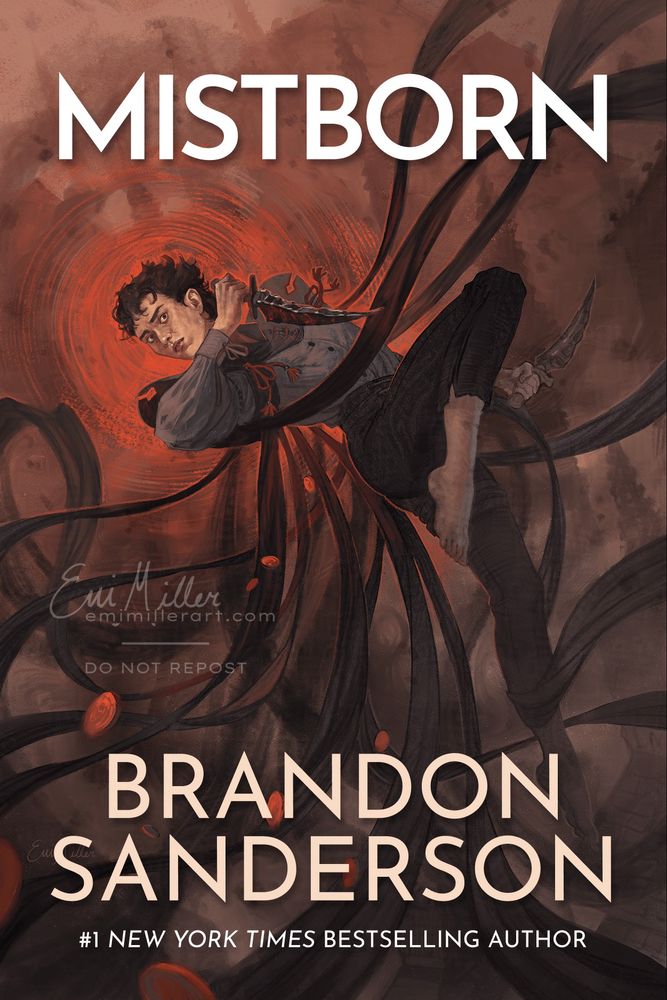 Illustration of Vin from the Mistborn series (pale, dark hair and eyes). She is soaring through the air with copper coins falling from her and the tatters of her mistcloak flying around.