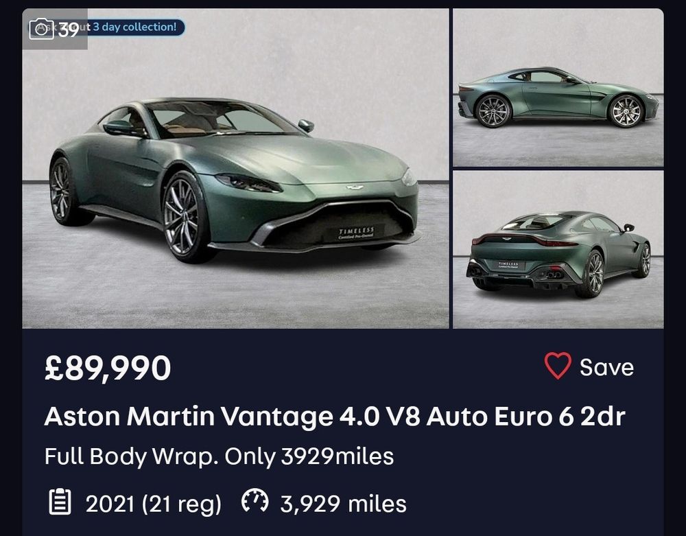 Autotrader advert for an Aston Martin Vantage selling for £89,000. 