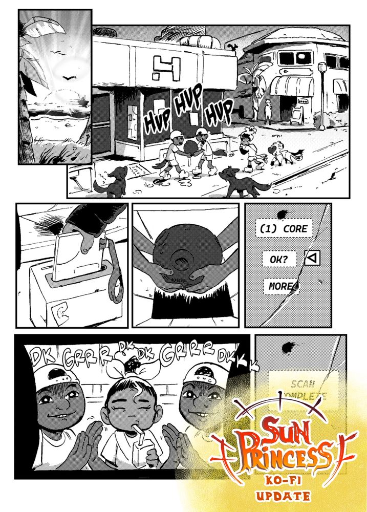 Comic book page of 3 kids entering a convenience store with a large rock. The bottom right has the Sun Princess logo and "ko-fi update" . Zettie's sipping her juice.