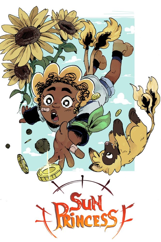 Title for the first chapter of sun princess. Zettie is falling through the sky, reaching for a coin just out of reach!