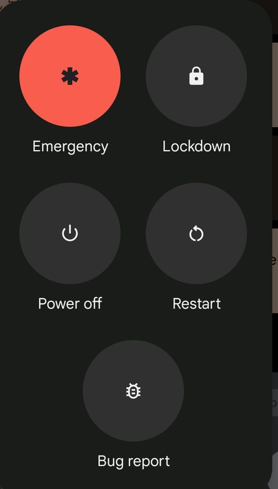 A screenshot of the Google Pixel power menu, showing the options: Emergency, Lockdown, Power off, Restart, Bug report