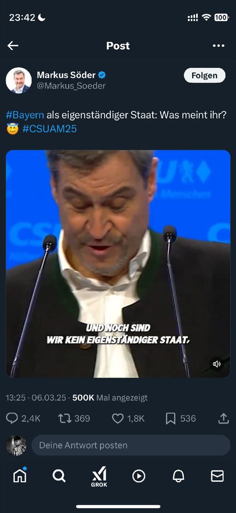 Screenshot von Markus Söder auf X. Er fragt auf X: Bayern als eigenständiger Staat: Was meint ihr?