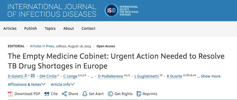 Screenshot of the title/authors of the linked article, entitled "The Empty Medicine Cabinet: Urgent Action Needed to Resolve TB Drug Shortages in Europe"
