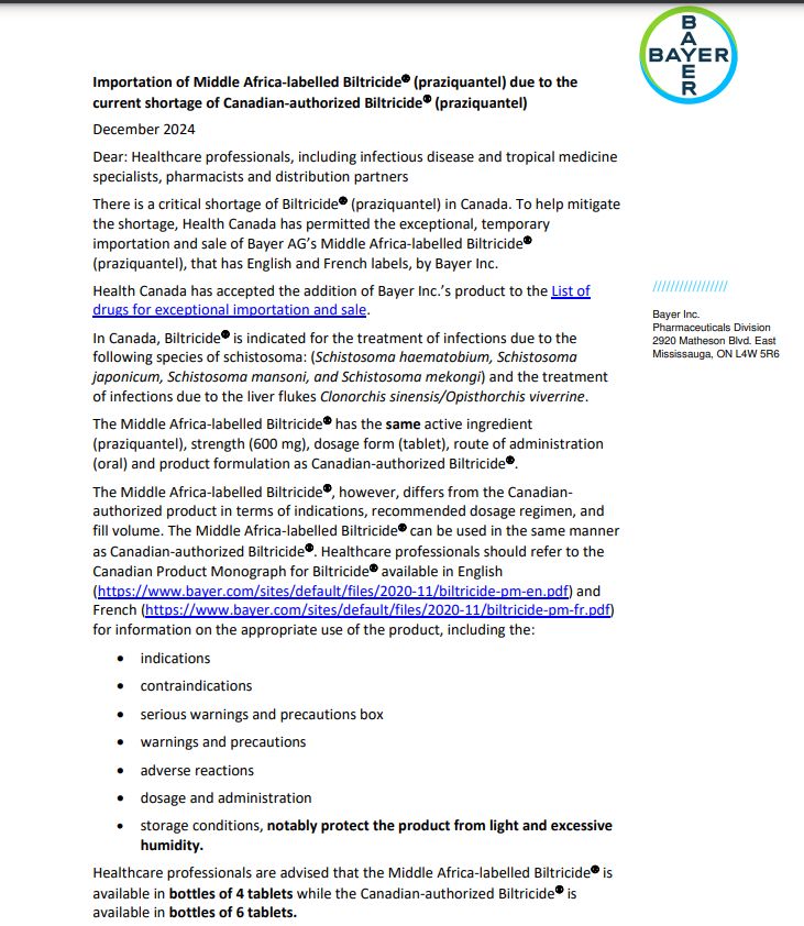 Screenshot of press release from Bayer on exceptional import of a supply of Biltricide (Praziquantel) labelled for "Middle Africa" to be sold in Canada to respond to a shortage. 