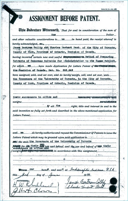 Copy of the patent assignment document for insulin.